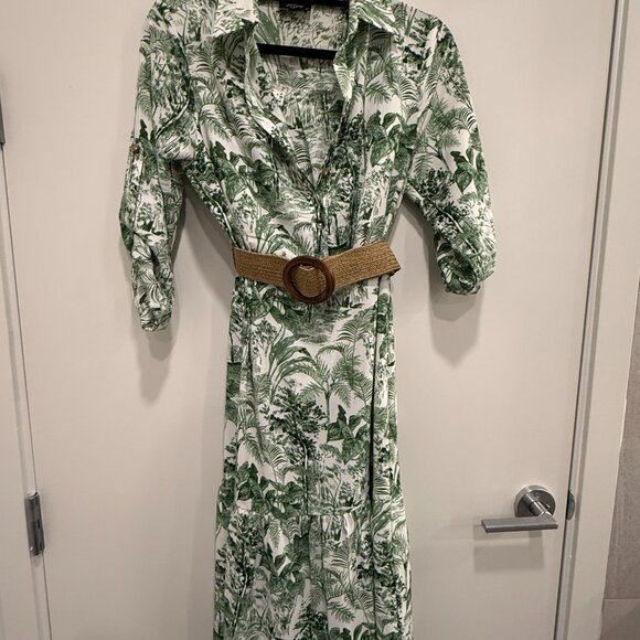 MILK&HONEY/GREEN & WHITE VINTAGE TOILE/BELTED SUMMER DRESS/SIZE: SMALL - Picture 5 of 6